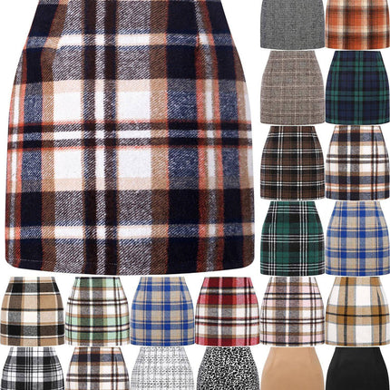 Women's High Waist Plaid Tight Pencil Wool Mini Skirt - Royalessencelux