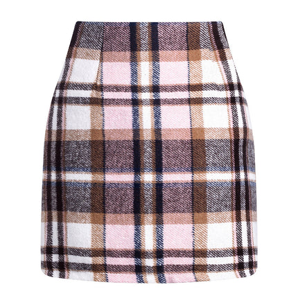 Women's High Waist Plaid Tight Pencil Wool Mini Skirt - Royalessencelux