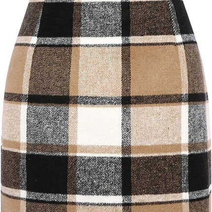 Women's High Waist Plaid Tight Pencil Wool Mini Skirt - Royalessencelux