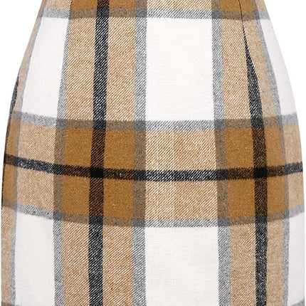 Women's High Waist Plaid Tight Pencil Wool Mini Skirt - Royalessencelux