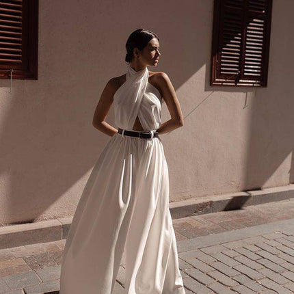 Polyester Women's Sexy Sleeveless Halter Backless Jumpsuit - Royalessencelux