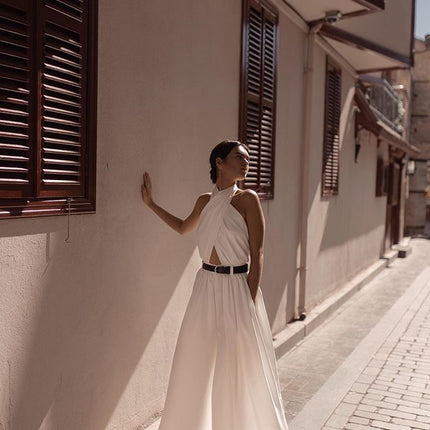 Polyester Women's Sexy Sleeveless Halter Backless Jumpsuit - Royalessencelux