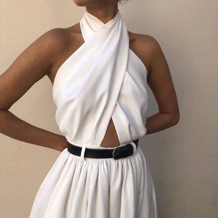 Polyester Women's Sexy Sleeveless Halter Backless Jumpsuit - Royalessencelux