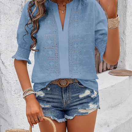 V-neck Puff Sleeve Half Sleeve Hollow Hair Ball Solid Color T-shirt Top - Royalessencelux