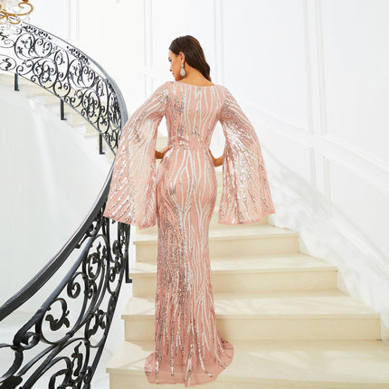 Long Sleeve V-neck Banquet Sequined Fishtail Dress - Royalessencelux