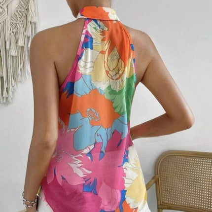 Ladies' Colorful Floral Print Sleeveless Vacation Style Loose Chiffon Shirt - Royalessencelux