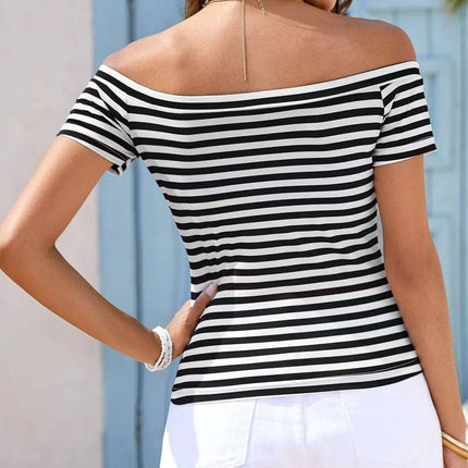 Ladies' Off Shoulder Striped Top Casual One Shoulder Shirt Button Full Cup Plus Size Bra Without Wi Royalessencelux