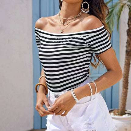 Ladies' Off Shoulder Striped Top Casual One Shoulder Shirt Button Full Cup Plus Size Bra Without Wi Royalessencelux