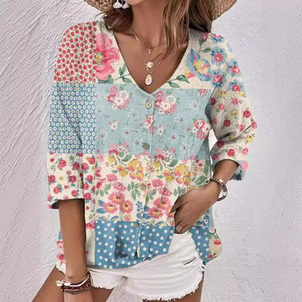 Female Oil Painting Printed V-neck Short Sleeved Shirt - Royalessencelux