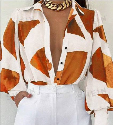 Women's Elegant Loose Geometric Print Lantern Sleeve Blouse, Spring & Summer - Royalessencelux