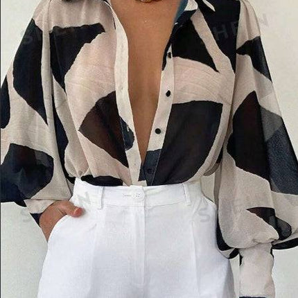 Women's Elegant Loose Geometric Print Lantern Sleeve Blouse, Spring & Summer - Royalessencelux