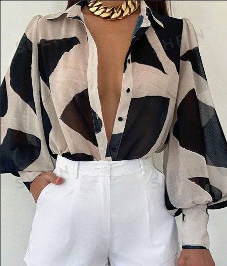 Women's Elegant Loose Geometric Print Lantern Sleeve Blouse, Spring & Summer - Royalessencelux