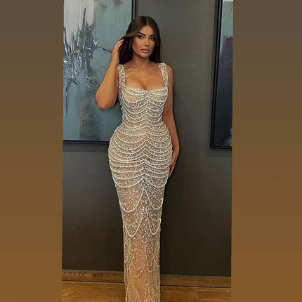 Nude Elegant Sling Light Luxury High-end Pearl Beaded Dress - Royalessencelux