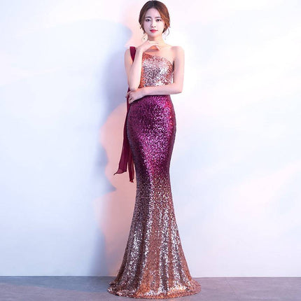 One Shoulder Fishtail Sequin Slim Fit Evening Dress - Royalessencelux
