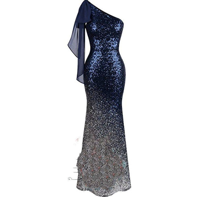 One Shoulder Fishtail Sequin Slim Fit Evening Dress - Royalessencelux