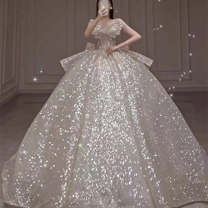 One-shoulder High-quality Long Trailing Heavy Industry Retro Wedding Dress - Royalessencelux