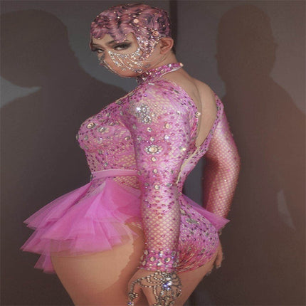 Dance Sexy Shiny Rhinestone Mesh Jumpsuit Stage Performance Costume Women - Royalessencelux