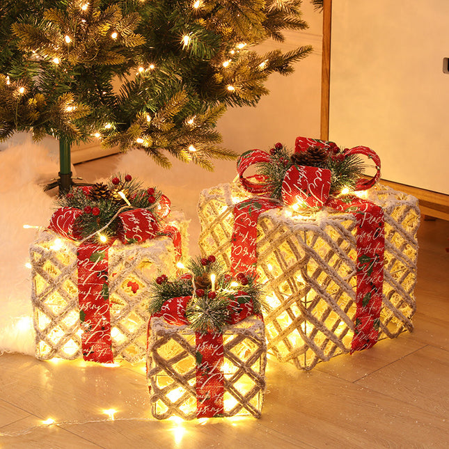 Christmas Wrought Iron Gift Box Warm White Christmas Ornament Three-piece Set With Battery Box Holiday Light String Boxes - Royalessencelux