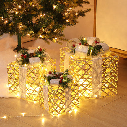 Christmas Wrought Iron Gift Box Warm White Christmas Ornament Three-piece Set With Battery Box Holiday Light String Boxes - Royalessencelux