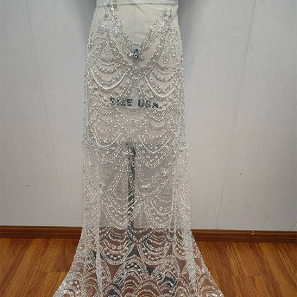 Wave Style Sequin Bead Lace Fabric Wedding Dress - Royalessencelux