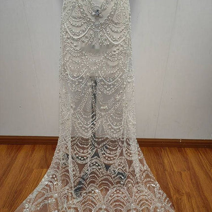 Wave Style Sequin Bead Lace Fabric Wedding Dress - Royalessencelux