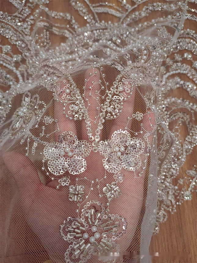 Wave Style Sequin Bead Lace Fabric Wedding Dress - Royalessencelux