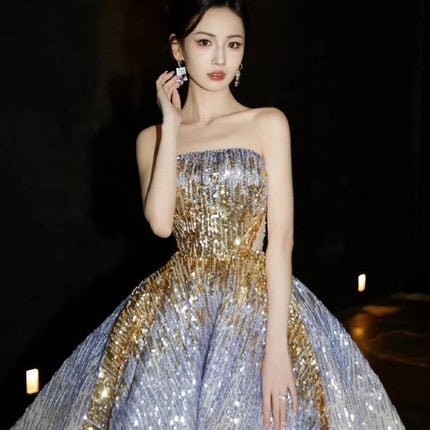 Purple Tube Top Light Miniature High-end Banquet Embossed Toast Dress - Royalessencelux