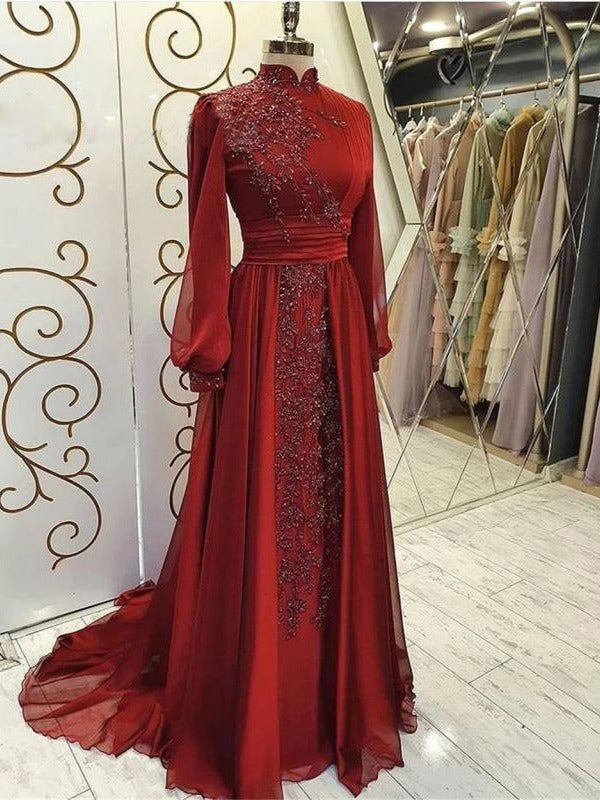 Stand Collar Luxury Long Sleeve Evening Dress - Royalessencelux
