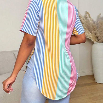 Contrast Color Striped Print Front Button Asymmetrical Hem Short Sleeve Shirt - Royalessencelux