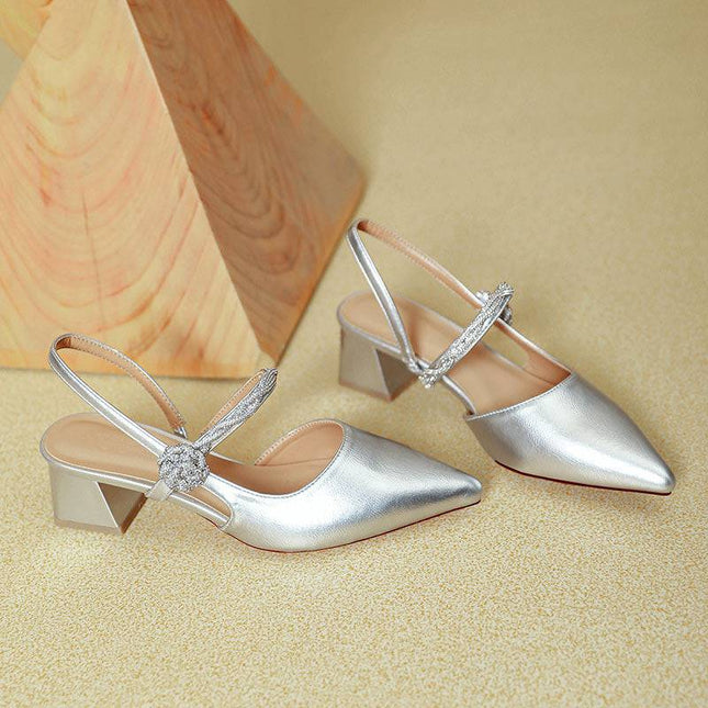 Chunky Heel Silver With Pointed Toe High Heels - Royalessencelux
