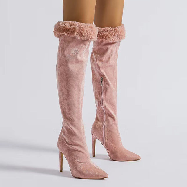 Fine Heel High Boots Large Tube Girth Pointed Tip Sleeve Lace Boots - Royalessencelux