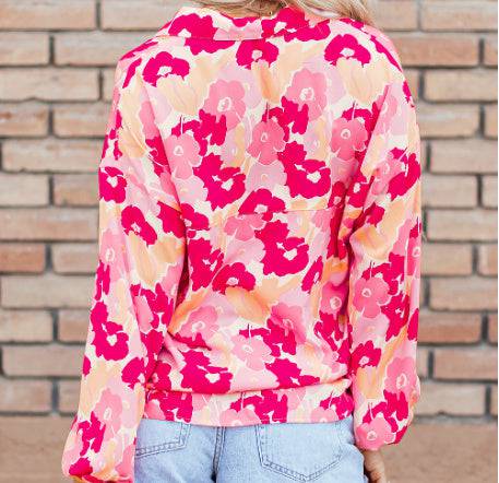 Blooming Floral Print Puff Sleeve Buttoned Shirt - Royalessencelux