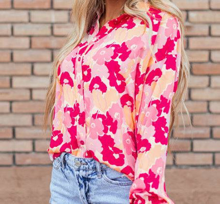 Blooming Floral Print Puff Sleeve Buttoned Shirt - Royalessencelux