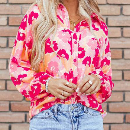 Blooming Floral Print Puff Sleeve Buttoned Shirt - Royalessencelux