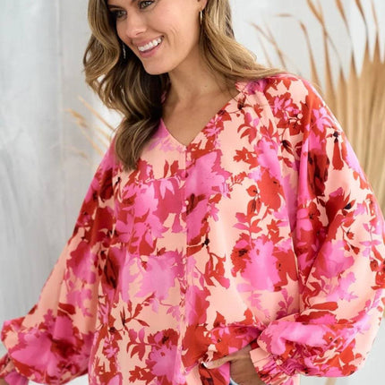 Hailey & Co Ruffle V-Neck Decor Button Floral Blouse - Royalessencelux