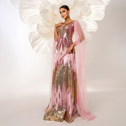 Mesh Long Sleeve V-neck Sequins Large Swing Evening Dress - Royalessencelux