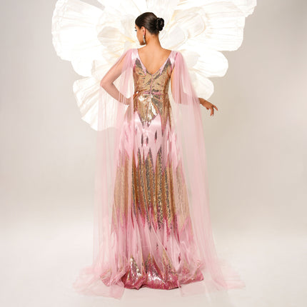 Mesh Long Sleeve V-neck Sequins Large Swing Evening Dress - Royalessencelux