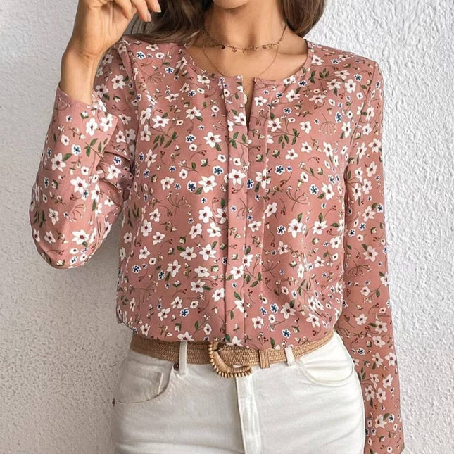 Ladies' Fashionable New Floral Print Folding Pleated Detail Casual Long Sleeved Top - Royalessencelux