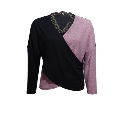 Women's Color Blocked V-neck Lace Edge Fashion T-shirt Top - Royalessencelux