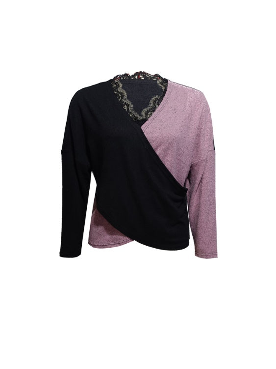 Women's Color Blocked V-neck Lace Edge Fashion T-shirt Top - Royalessencelux