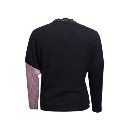 Women's Color Blocked V-neck Lace Edge Fashion T-shirt Top - Royalessencelux