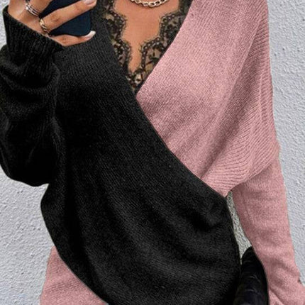 Women's Color Blocked V-neck Lace Edge Fashion T-shirt Top - Royalessencelux