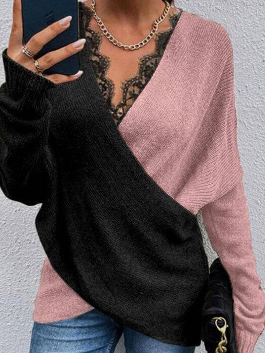 Women's Color Blocked V-neck Lace Edge Fashion T-shirt Top - Royalessencelux