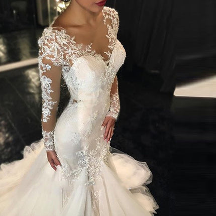 Trailing White Temperament Is Thin And Long Lace Wedding Dress - Royalessencelux