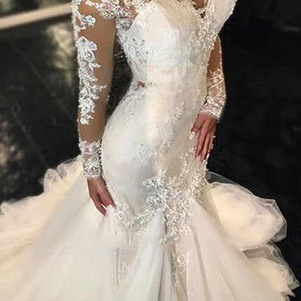 Trailing White Temperament Is Thin And Long Lace Wedding Dress - Royalessencelux