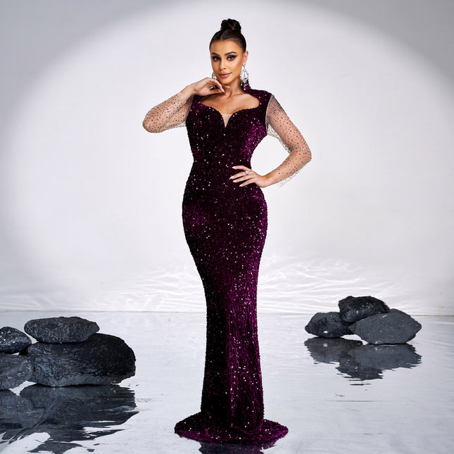 Long Sleeve Square-neck Banquet Sequined Rhinestone Fishtail Dress - Royalessencelux