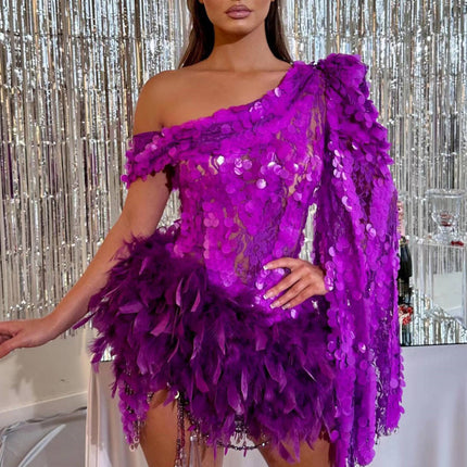 Purple Sequined Feather Skirt One-shoulder Sleeve Short Dress Luxury Party Stage Performance Dress - Royalessencelux