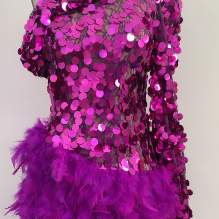 Purple Sequined Feather Skirt One-shoulder Sleeve Short Dress Luxury Party Stage Performance Dress - Royalessencelux