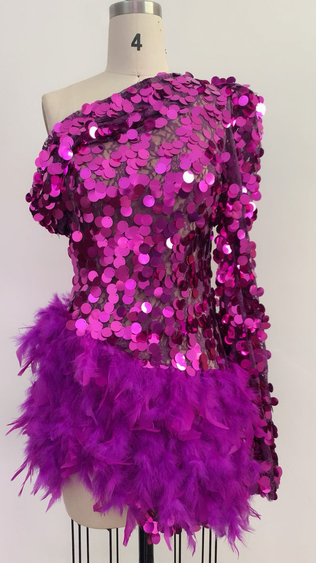 Purple Sequined Feather Skirt One-shoulder Sleeve Short Dress Luxury Party Stage Performance Dress - Royalessencelux