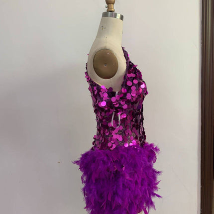 Purple Sequined Feather Skirt One-shoulder Sleeve Short Dress Luxury Party Stage Performance Dress - Royalessencelux